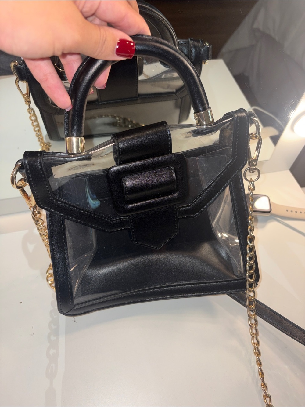 Clear Black Top-Handle Crossbody Bag with Gold Chain